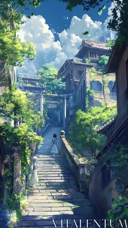 Sunlit stone stairway leads through lush hillside village