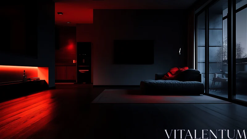 Moody modern living room glowing with red and blue light.