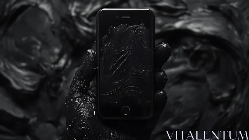 Smartphone in black-coated hand is held against dark background