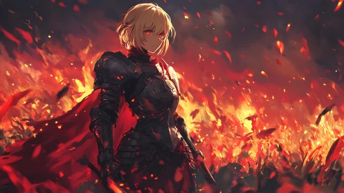 Firelit knight breathes calm ruin into a storm of embers