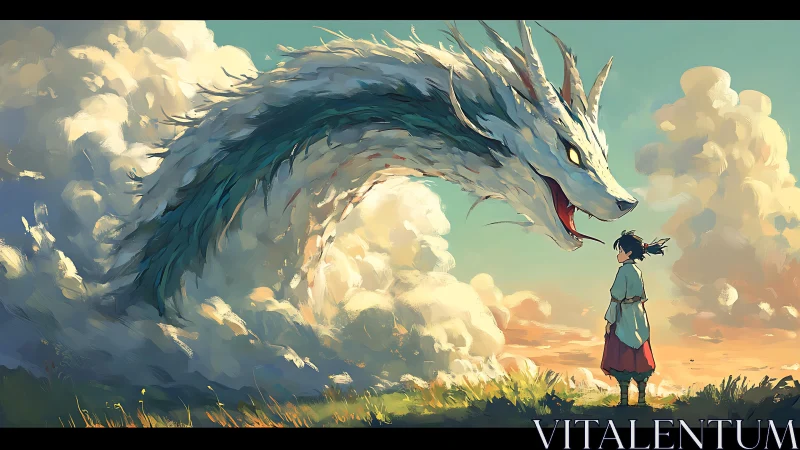 Young wanderer meets sky dragon in a glowing cloudscape
