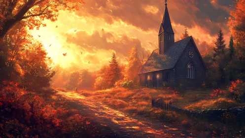 Amber hymn road to a quiet autumn chapel at sundown.