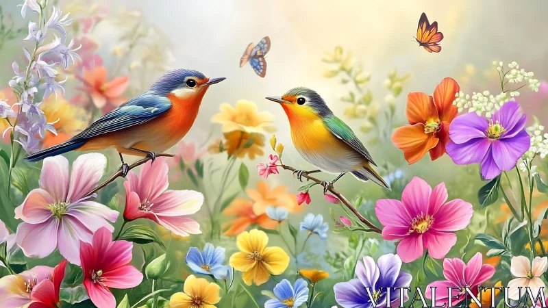 Chromatic songbirds within hyper-detailed floral ecosystem.