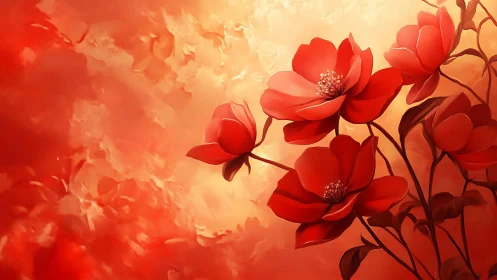 Luminous red flowers bloom in golden light.