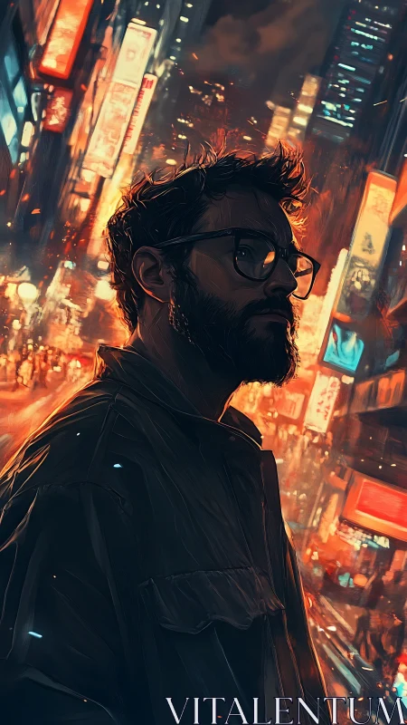 Brooding man in neon city glow at night, lost in thought.