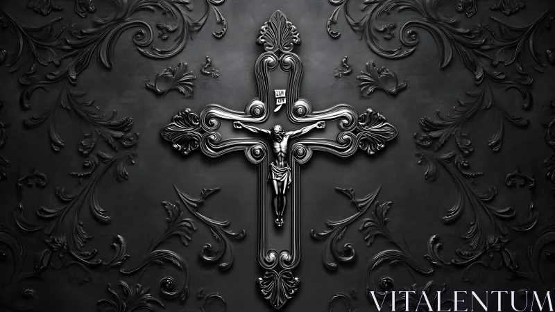 Ornate silver crucifix glowing softly on dark floral wall.