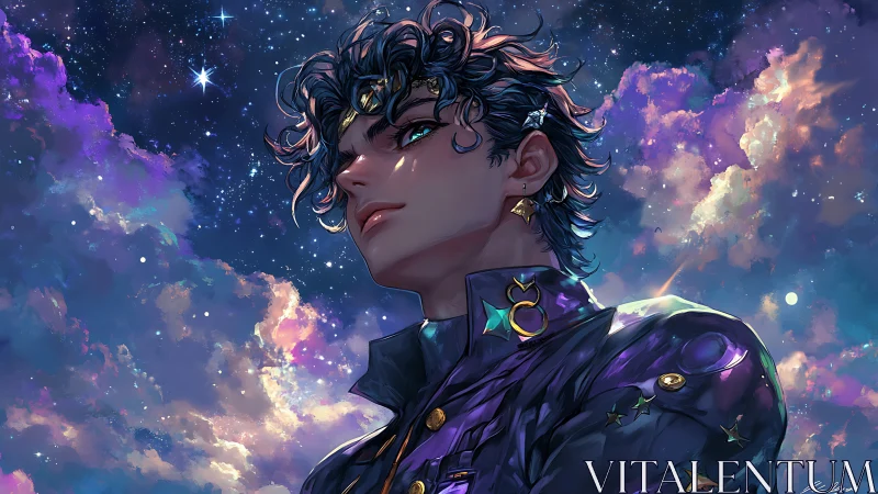 Stargazing dreamer wrapped in cosmic clouds and color.