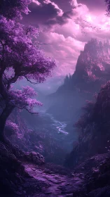 Twilight path through dreamy violet mountains and skies.