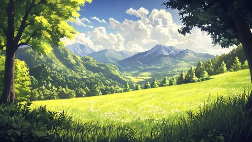 Digital painting of sunlit alpine meadow and distant peaks.