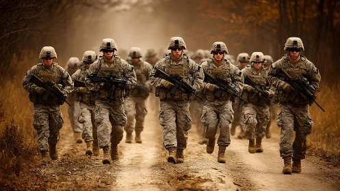 Modern infantry unit advancing along dusty forest trail.