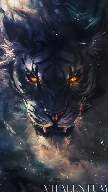 Stormlit cosmic tiger gazes forward with fierce glowing eyes