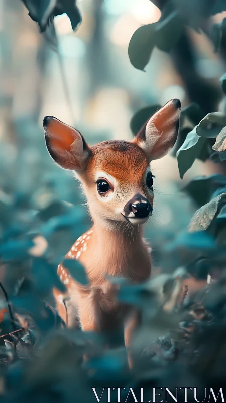 Young spotted fawn standing alert in soft forest light.
