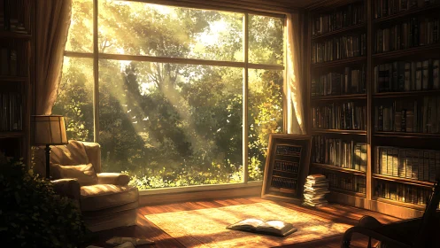 Golden afternoon light warms a tranquil private library retreat