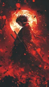 Samurai silhouette ignites before crimson lunar inferno.