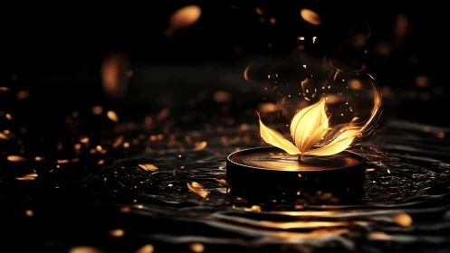 Golden flame petals glow gently atop rippling dark water