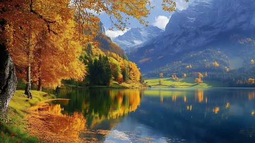 Golden autumn lakeside beneath calm misty mountain peaks.