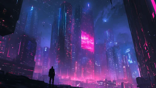 Neon skyscrapers engulf lone figure in cyberpunk nightscape.