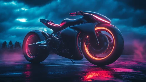 Neon-lit cyber bike under stormy sky on wet asphalt surface.