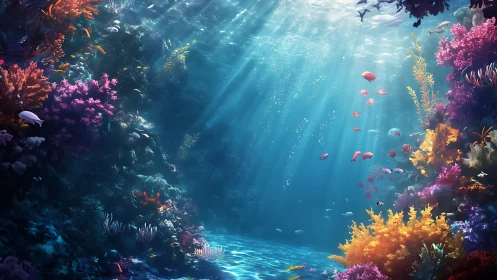 Sunlit coral canyon hums softly with drifting painted fish