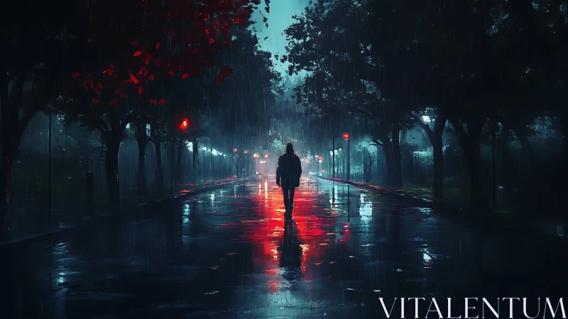 Lone night walker embraces quiet rain on glowing city street