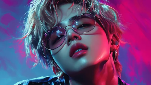 Portrait depicts stylized figure under neon magenta and cyan light