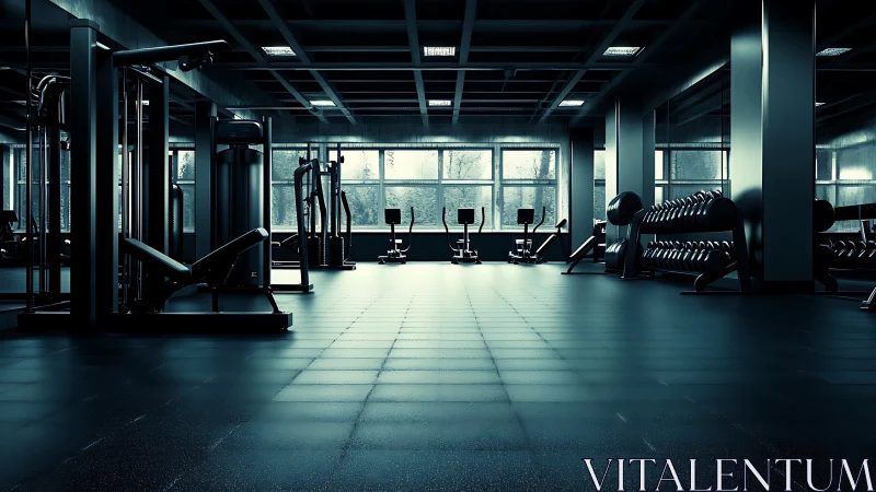 Photorealistic industrial gym interior with linear perspective.