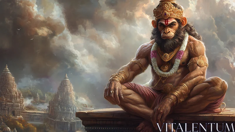Majestic monkey deity resting above ancient temples.