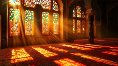 Sunlit stained glass windows in ornate interior space.