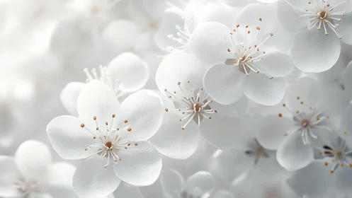White Cherry Blossoms with Golden Stamens in Soft Focus Depth