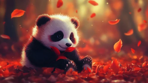 Tiny autumn dreamer panda cradling crimson forest leaves.