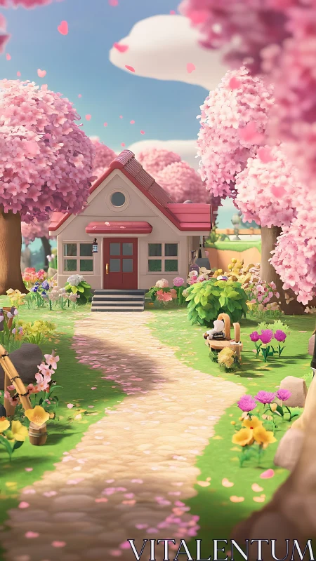 Spring cottage nestled under blooming pink cherry trees.