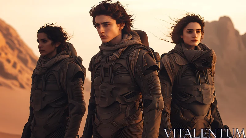 Desert-clad space wanderers stride through ember dusk.