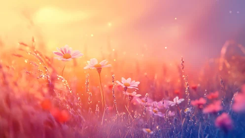 Daisy flowers in soft-focus field with gradient sky