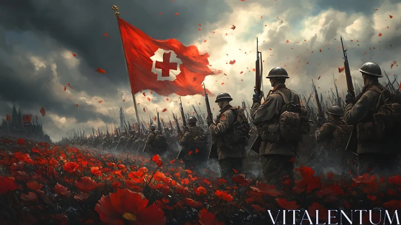 Soldiers march through scarlet poppy field beneath red cross flag.