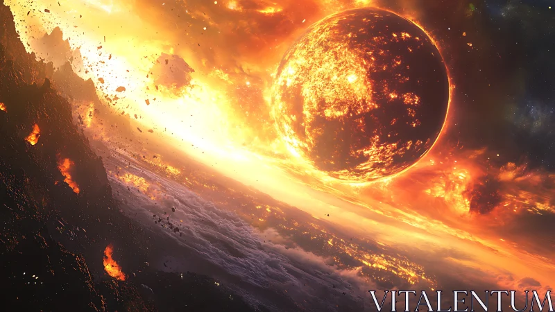Fiery planetary collision over molten fractured landscape.