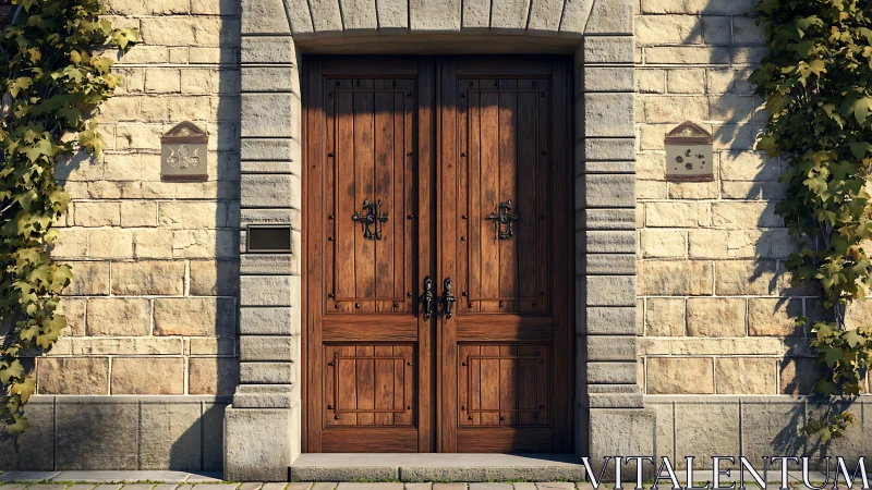 Symmetrical double wooden door set in textured stone masonry wall