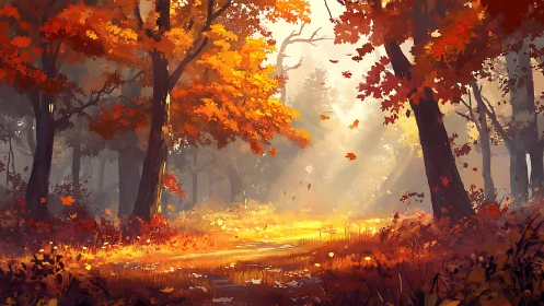 Autumn Forest Clearing with Golden Light and Falling Leaves.