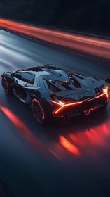 Futuristic black sports car on wet highway at night.