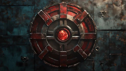 Heavily weathered circular mech hatch with red illuminated core