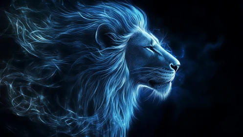 Starlit spirit of a blue neon lion in quiet motion.