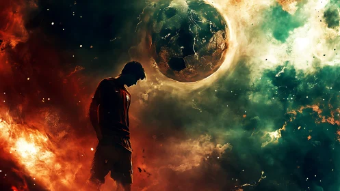 Cosmic soccer dreamer standing beneath a burning galaxy ball.