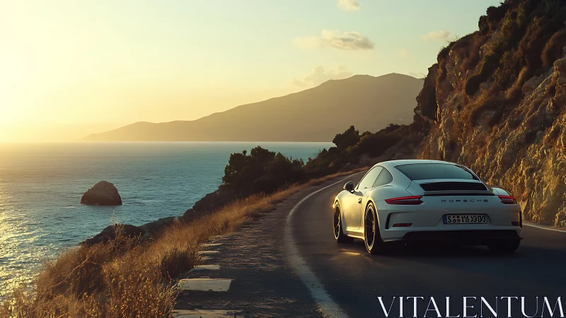 Porsche 911 slices coastal road under golden sunset sky.