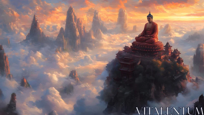 Colossal meditative Buddha above cloud sea and sunset peaks
