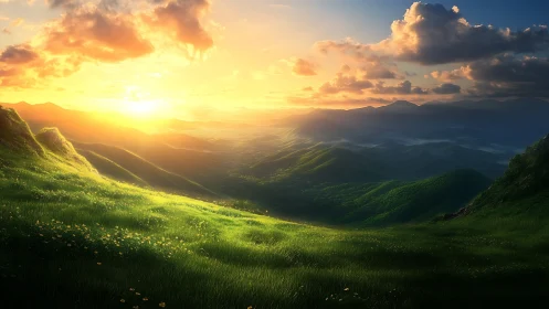 Sunlit grassy valley with distant layered mountain ranges.
