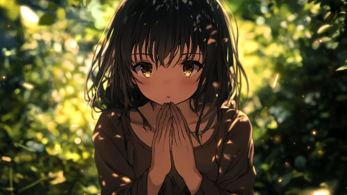 Soft dappled light envelops contemplative anime girl in forest