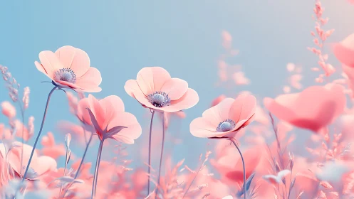 Pastel poppy meadow under soft blue sky at sunrise.