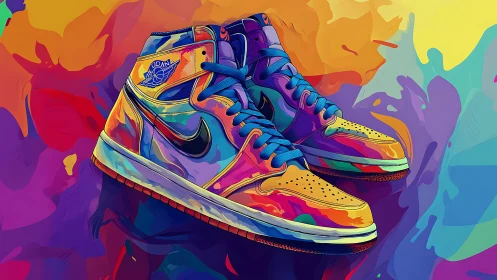 Neon sneakers surf a liquid rainbow of swirling color waves