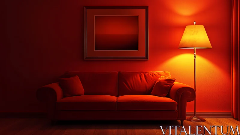 Monochrome red sofa glows under warm floor lamp lighting.