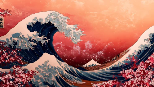 Crimson dusk reinterpretation of Hokusai wave with cherry bloom