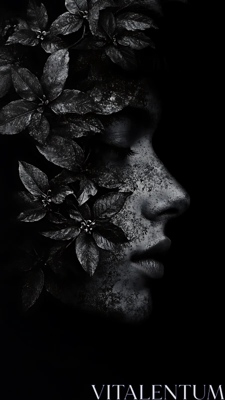 Leaf-shrouded monochrome profile merges with deep shadow